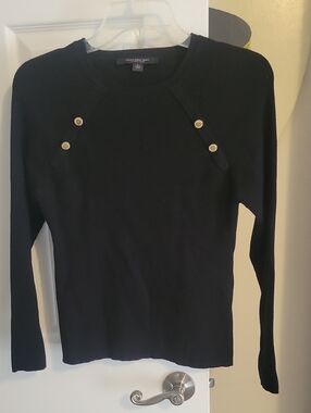 Marc New York SzLg Black Ribbed Crewneck Sweater with Gold Buttons Accents